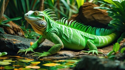 Poster - Iguana in vibrant green hue resting by serene water amidst lush tropical foliage.