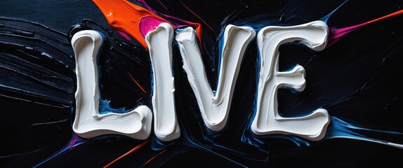 Aufkleber - White oil paint inscription of the word LIVE on a textured black background with vibrant paint splashes for artistic and media themes.