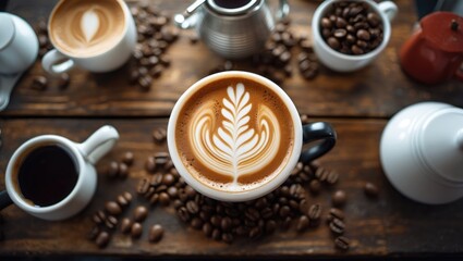 Poster - Latte art creation with beautifully designed coffee atop a wooden table surrounded by coffee beans and various coffee cups.