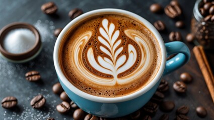 Poster - Delicious latte art in a blue cup surrounded by coffee beans and sugar creating a warm coffeehouse ambiance.