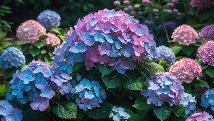 Poster - Vibrant Hydrangea macrophylla blooms showcasing a stunning array of colors in a lush garden setting ideal for floral enthusiasts and nature lovers.
