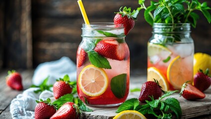 Poster - Strawberry Mojito with Lemon Slices Fresh Mint and Herbs in Mason Jar Refreshing Summer Beverage Ideal for Hot Days and Gatherings