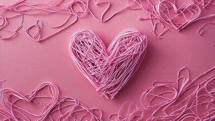 Poster - Pink Heart Shaped Thread Art with Scribbled Heart Background on a Soft Pink Surface