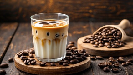 Aufkleber - Iced Latte Coffee in Glass with Layered Milk and Rich Coffee Beans on Rustic Wooden Table Perfect for Beverage Promotions