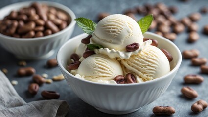 Poster - Delicious Vanilla Ice Cream Scoops in White Bowl Garnished with Coffee Beans and Fresh Mint Leaves on Gray Background