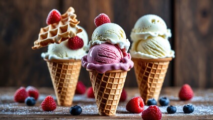Aufkleber - Delicious Homemade Ice Cream in Waffle Cones Garnished with Fresh Berries on Rustic Wooden Background for Summer Treats and Desserts