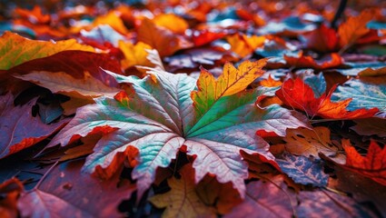 Aufkleber - Autumn Leaves Showcase Vibrant Textures and Colors of Fallen Foliage on Ground in Natural Setting with Close-Up Detail