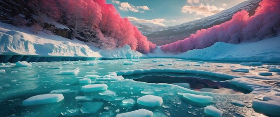 Poster - Stunning icy landscape featuring vibrant pink trees, an ice-covered lake with blue waters and a central hole revealing the depths beneath.