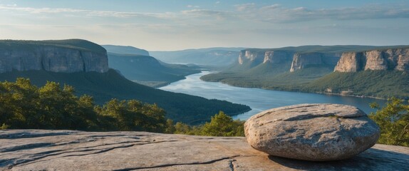 Aufkleber - Scenic Landscape View from Rocky Outcrop Overlooking River and Mountains Ideal for Text Overlay in Nature or Outdoor Themes