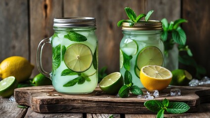 Poster - Refreshing homemade lemonade with lime and mint served in mason jars on a rustic wooden board perfect for summer gatherings.