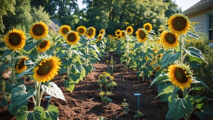 Aufkleber - Vibrant Sunflower Garden Featuring Lush Blooms with Space for Text Overlay in a Serene Home Environment