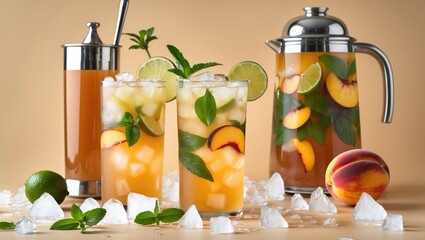 Poster - Refreshing iced peach tea and lemonade with mint and lime garnished, served in stylish glassware on a golden beige background.