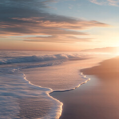 Wall Mural - A tranquil beach at dusk with soft waves and the sound of seagulls in the distance.