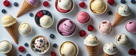 Poster - Colorful Ice Cream Assortment in Cones and Cups on White Background Healthy Summer Dessert with Fresh Berries and Empty Space for Text