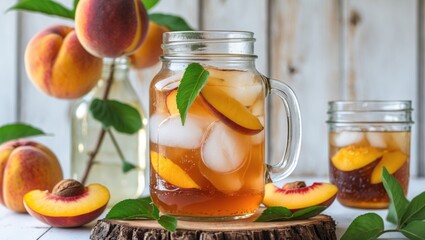Aufkleber - Refreshing Peach Iced Tea in Mason Jar with Fresh Peaches and Mint on Rustic Table Decorated with Natural Wood Elements