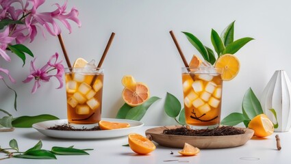 Poster - Refreshing Thai iced tea served with citrus garnishes on a minimalistic background perfect for summer drink promotions and lifestyle content.