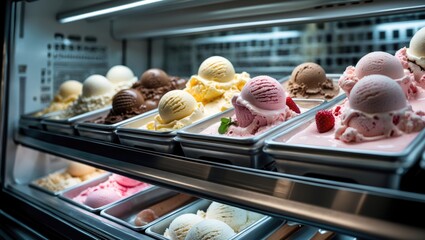 Aufkleber - Ice Cream Variety in Display Fridge Featuring Colorful Scoops in Metal Trays for Sweet Treats and Desserts