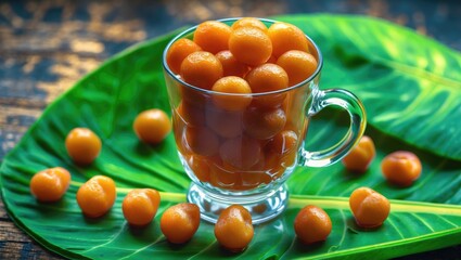 Leinwandbilder - Juicy jujubes in a glass cup resting on a vibrant green banana leaf creating a fresh tropical aesthetic for food photography.