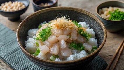 Aufkleber - Japanese Whitebait Rice Bowl Garnished with Fresh Ingredients and Empty Space for Text or Branding