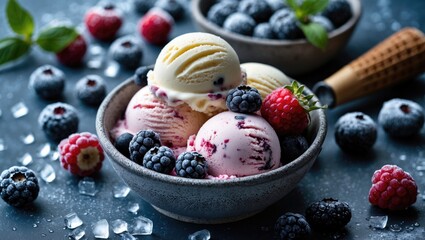 Aufkleber - Delicious ice cream scoops with fresh berries and mint leaves in a rustic bowl on a textured surface ideal for dessert advertising.