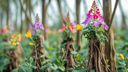 Poster - Colorful Kampsis vine with aerial roots and vibrant inflorescences creating a lush garden environment, selective focus with space for text.