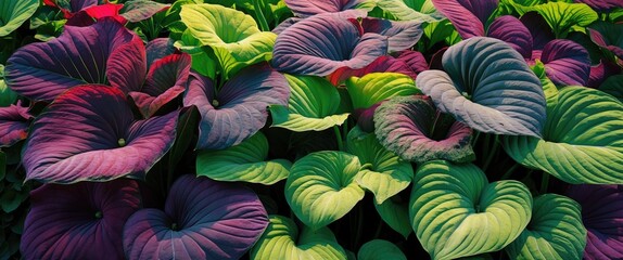 Aufkleber - Vibrant hostas leaves in lush summer garden showcasing rich textures and a captivating color palette inviting nature enthusiasts.