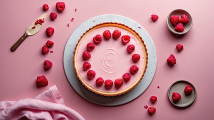 Wall Mural - Pink cheesecake adorned with raspberries on pastel pink background, top view flat lay, minimalist aesthetic, vibrant dessert presentation.