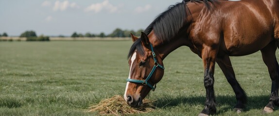Poster - Brown horse feeding on grass in an open field with blue sky, providing ample empty space for text or overlay graphics.