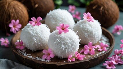 Aufkleber - Coconut balls garnished with pink flowers arranged on a wooden platter surrounded by coconut shells and vibrant floral accents.