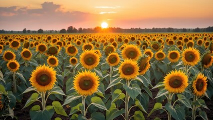 Aufkleber - Vibrant Sunflower Field Under Golden Sunset Sky with Abundant Blossoms and Warm Color Palette