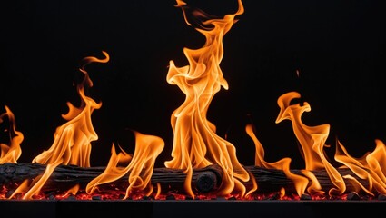 Fototapete - Vibrant flames dancing over glowing embers on a dark background, representing warmth, energy, and the beauty of fire in abstract form.