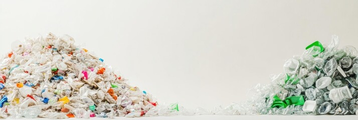 Aufkleber - Contrast between plastic waste pile and organized recycled plastic products showcasing sustainability efforts. Generative AI