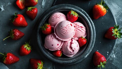 Poster - Delicious Homemade Strawberry Ice Cream in a Stone Bowl Surrounded by Fresh Strawberries on a Dark Textured Tabletop Top View