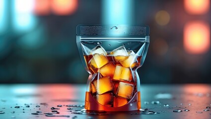 Poster - Refreshing Iced Tea in Clear Plastic Bag with Ice Cubes on Moist Surface and Blurred Background