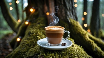 Poster - Cozy cup of steaming coffee on mossy tree trunk with soft bokeh lights creating a serene outdoor atmosphere