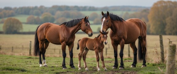 Poster - Horses and Foals Grazing Together in a Serene Countryside Landscape with Rolling Hills and Autumnal Foliage