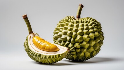 Aufkleber - Durian Fruit Half And Whole Durian Isolated On Bright Background Showcasing Unique Texture And Sweet Yellow Pulp