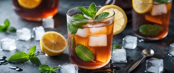 Poster - Refreshing Iced Tea with Mint and Lemon in a Glass Surrounded by Ice Cubes on a Dark Background Perfect for Summer Beverage Promotion