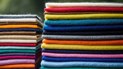 Poster - Vibrant multicolored felt fabric stacks creating a textured background ideal for crafting and design projects showcasing color diversity.