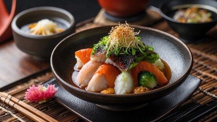Poster - Authentic Japanese Sushi Platter with Fresh Fish Vegetables and Garnish in Elegant Setting for Food Photography and Culinary Presentation