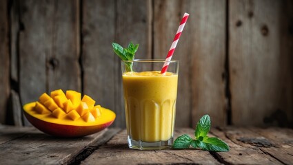 Aufkleber - Fresh Mango Smoothie in Glass with Red Striped Straw and Mint Leaf Resting on Rustic Wooden Background Healthy Lifestyle Concept