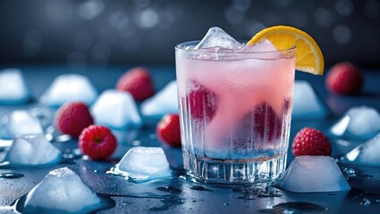 Poster - Refreshing cocktail in a glass with ice cubes and raspberries on a blue surface, ideal for summer drinks or beverage advertisements.