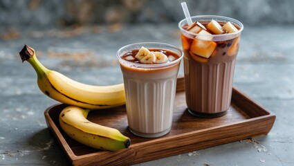 Aufkleber - Refreshing Iced Milk Tea and Cocoa in Clear Cups with Chopped Fruits on Wooden Tray Beside Bananas and Copy Space for Text