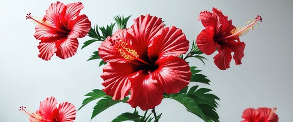 Aufkleber - Vibrant red hibiscus flowers arranged artistically against a soft white background ideal for floral design themes and decoration concepts.