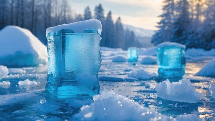 Aufkleber - Winter Wonderland with Blue Ice Blocks in a Scenic Frozen Landscape under Soft Light