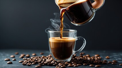 Poster - Pouring Freshly Brewed Coffee Into Glass Cup Surrounded By Coffee Beans On Dark Background Capturing The Essence Of Aromatic Beverage.