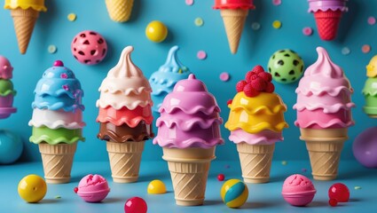 Aufkleber - Colorful Plastic Ice Cream Toys Displayed Against Bright Blue Background with Festive Round Balls and Copy Space for Marketing
