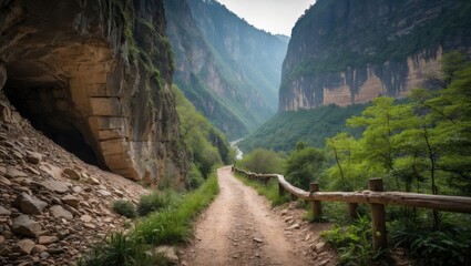 Aufkleber - Scenic Hiking Trail in Lush Gorge Surrounded by Majestic Cliffs and Lush Green Vegetation