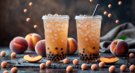 Aufkleber - Refreshing Peach Tea with Popping Boba and Peaches on a Table with Blank Space for Text Ideal for Beverage Advertisements