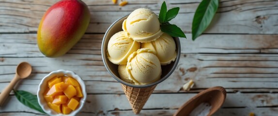 Poster - Homemade Mango Ice Cream Scoop in Cone with Fresh Mango and Chunks on Rustic Wooden Table with Empty Space for Your Text
